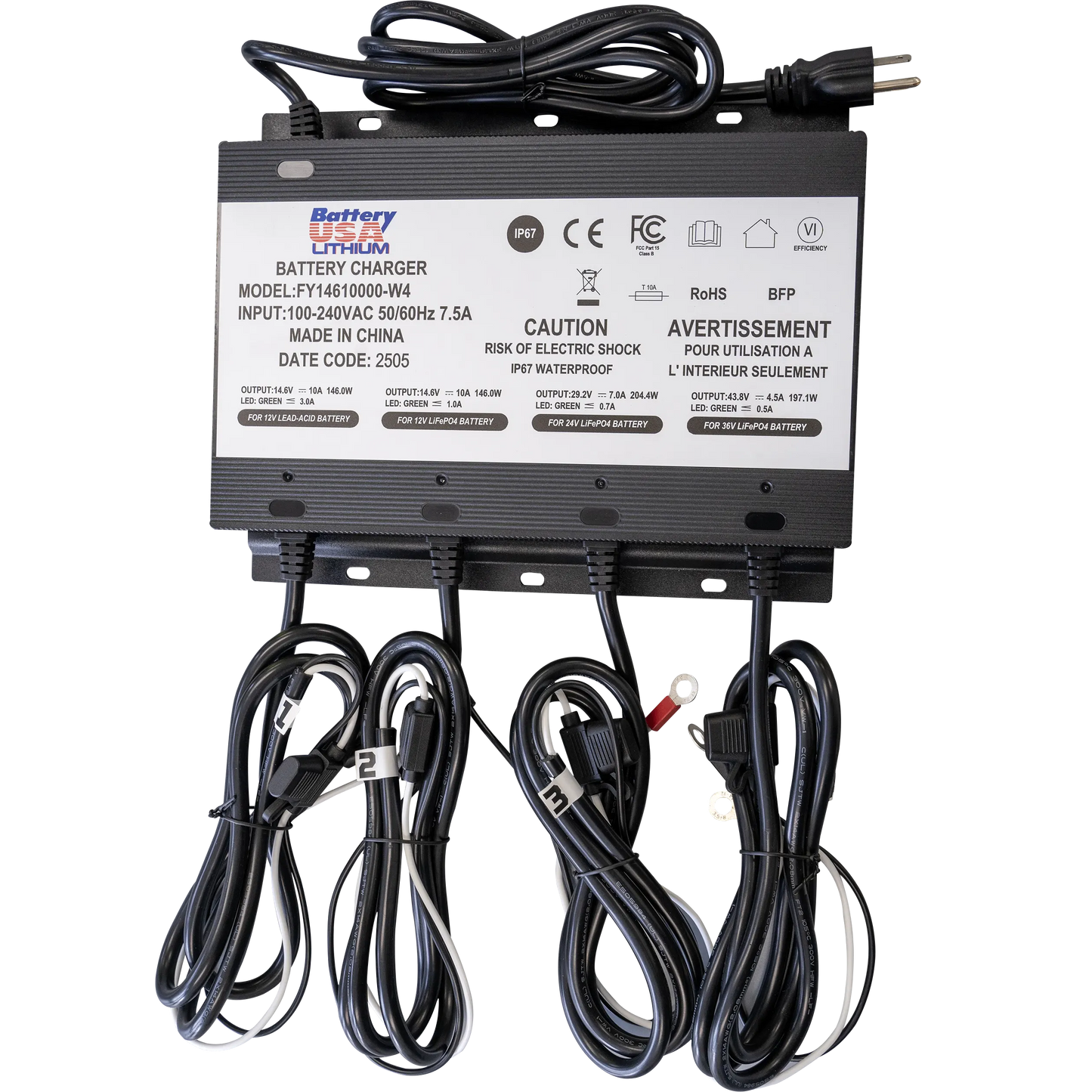 Charger 4 Bank- 12v AGM, Lead, 12v Lithium, 24v lithium, 36v lithium, Onboard Lithium Battery Charger, IP67 Waterproof