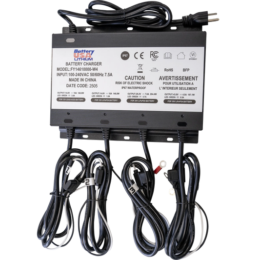 Charger 4 Bank- 12v AGM, Lead, 12v Lithium, 24v lithium, 36v lithium, Onboard Lithium Battery Charger, IP67 Waterproof